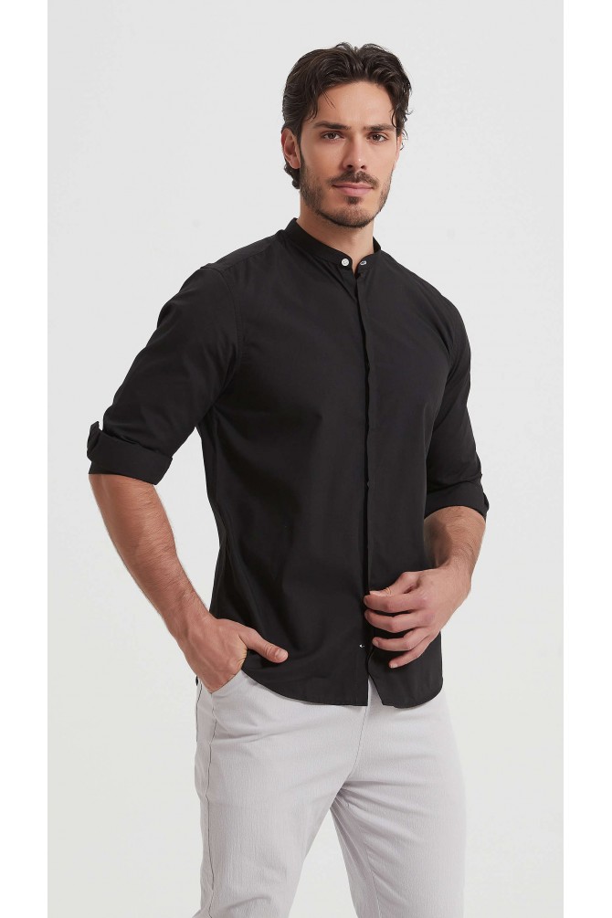 Chemise noir col mao slim fit