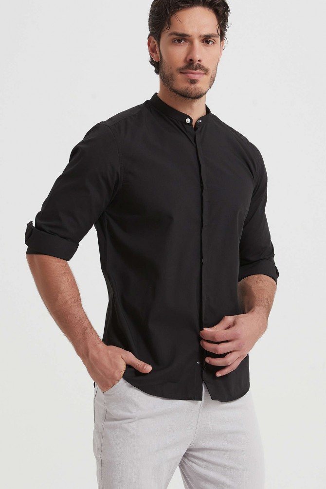 Chemise noir col mao slim fit